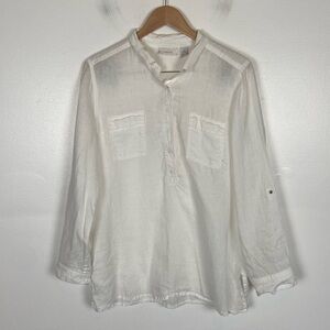 Chico's Lagenlook Linen Top Size 2 US L White Roll Tab Sleeves Henley Neck Beach